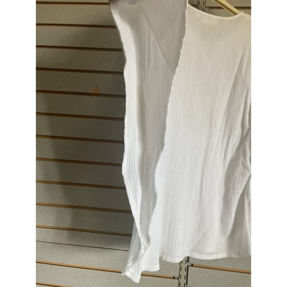 D & Co Denim And Company White W/tan Embroidery Neck Tassels Ribbed Short Sleeve - Picture 7 of 7